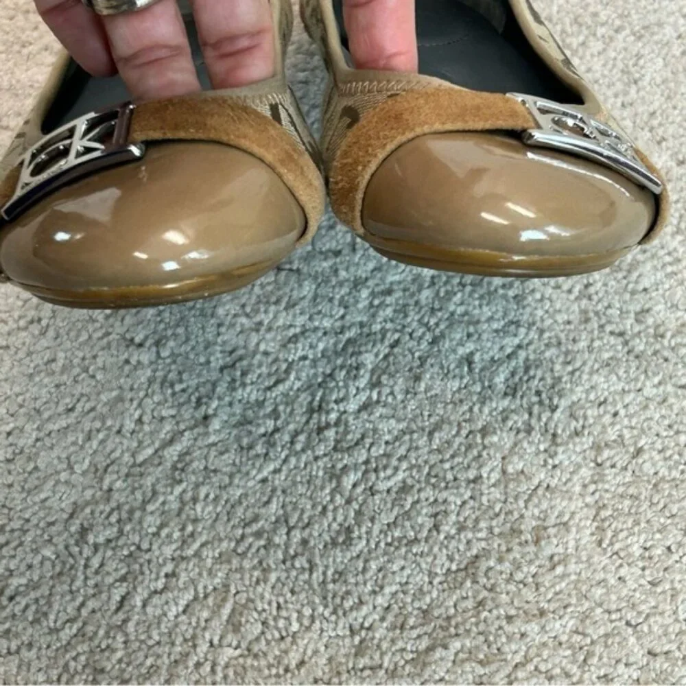 Calvin Klein Paulett camel Tan brown monogram logo patent canvas ballet flats 9 - Picture 5 of 10